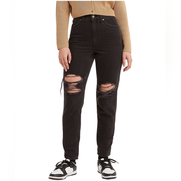 Levis High Waisted Mom Jeans Black Ripped Cotton New NWT Size 28 Frayed Neutral - Picture 1 of 15